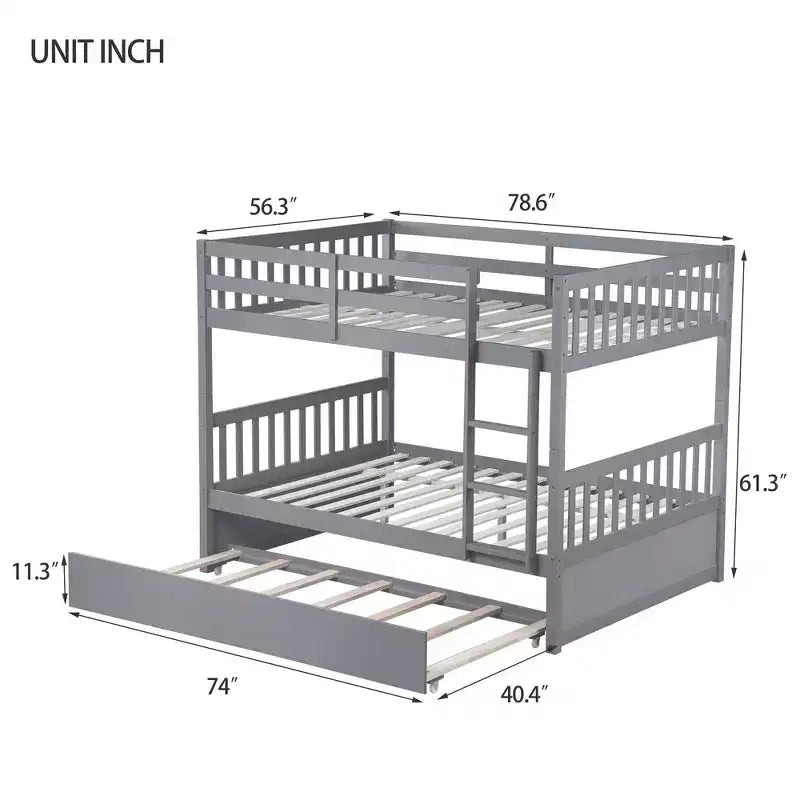 Lit superposé en bois d'hévéa double sur double avec lit gigogne, échelle et balustrades, convertible en 2 lits doubles, avec lit gigogne simple