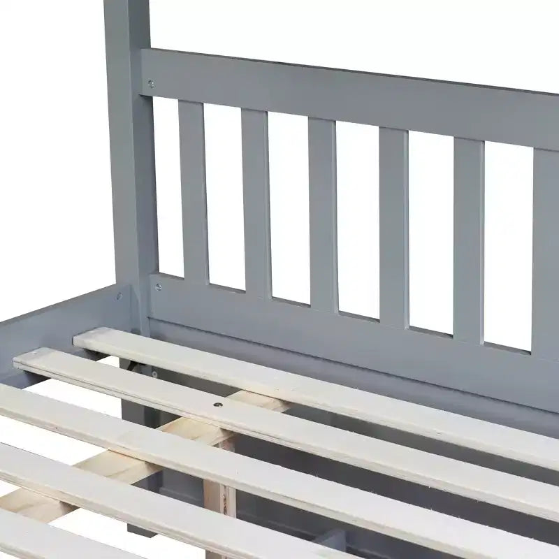 Lit superposé en bois d'hévéa double sur double avec lit gigogne, échelle et balustrades, convertible en 2 lits doubles, avec lit gigogne simple