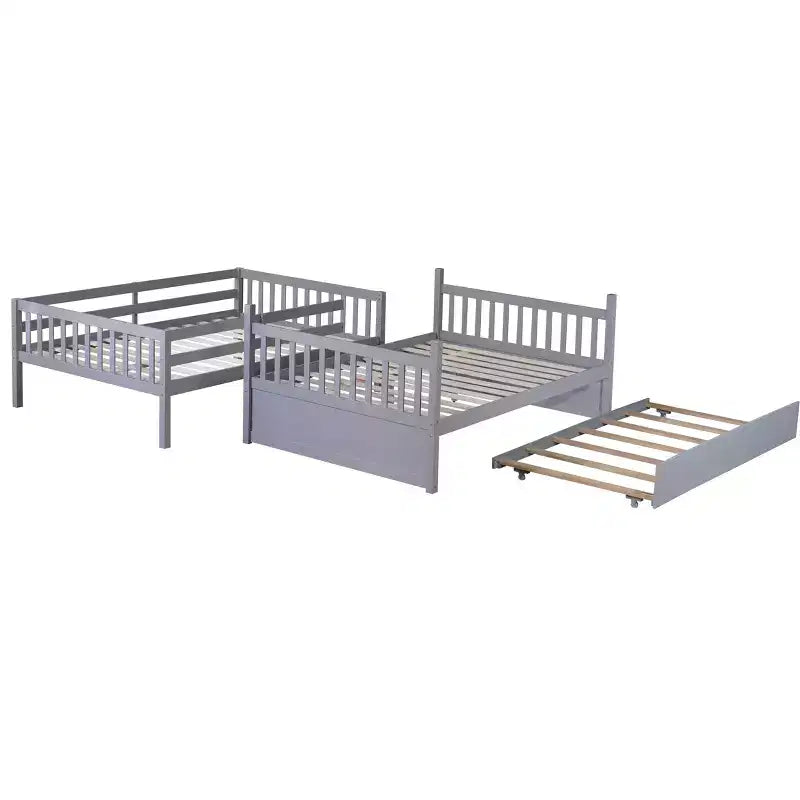 Lit superposé en bois d'hévéa double sur double avec lit gigogne, échelle et balustrades, convertible en 2 lits doubles, avec lit gigogne simple