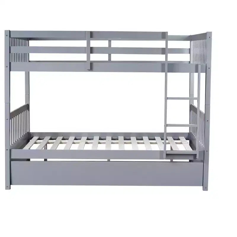Lit superposé en bois d'hévéa double sur double avec lit gigogne, échelle et balustrades, convertible en 2 lits doubles, avec lit gigogne simple