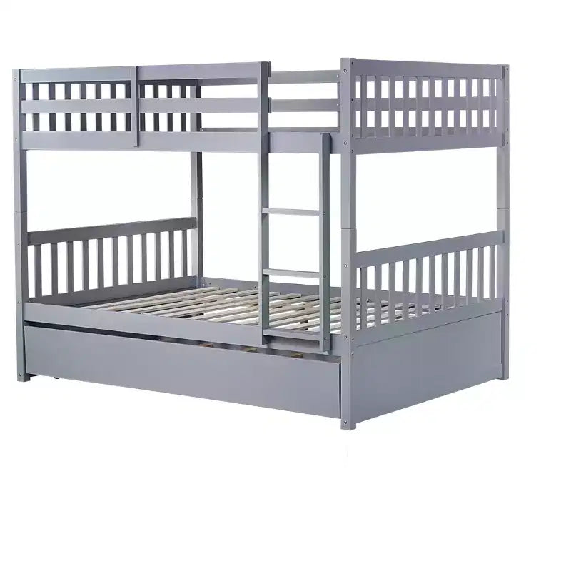 Lit superposé en bois d'hévéa double sur double avec lit gigogne, échelle et balustrades, convertible en 2 lits doubles, avec lit gigogne simple