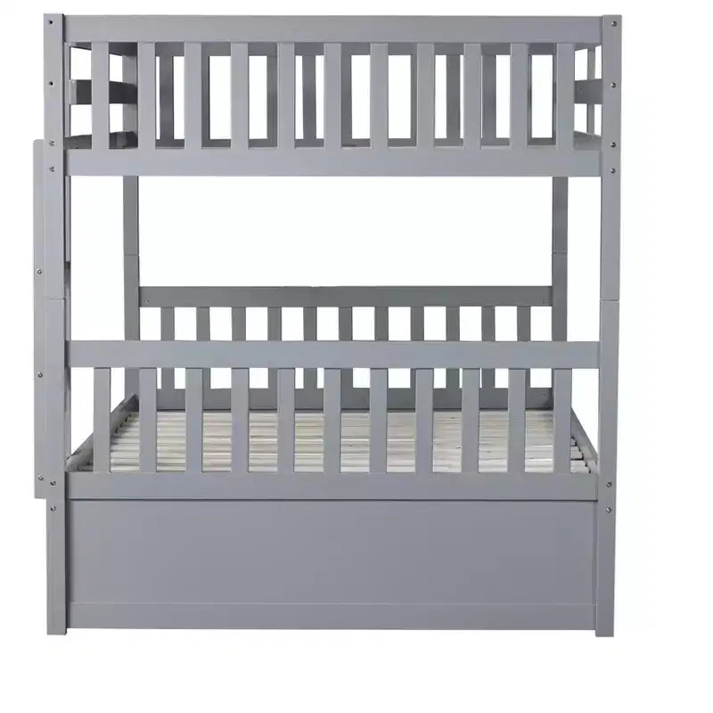 Lit superposé en bois d'hévéa double sur double avec lit gigogne, échelle et balustrades, convertible en 2 lits doubles, avec lit gigogne simple