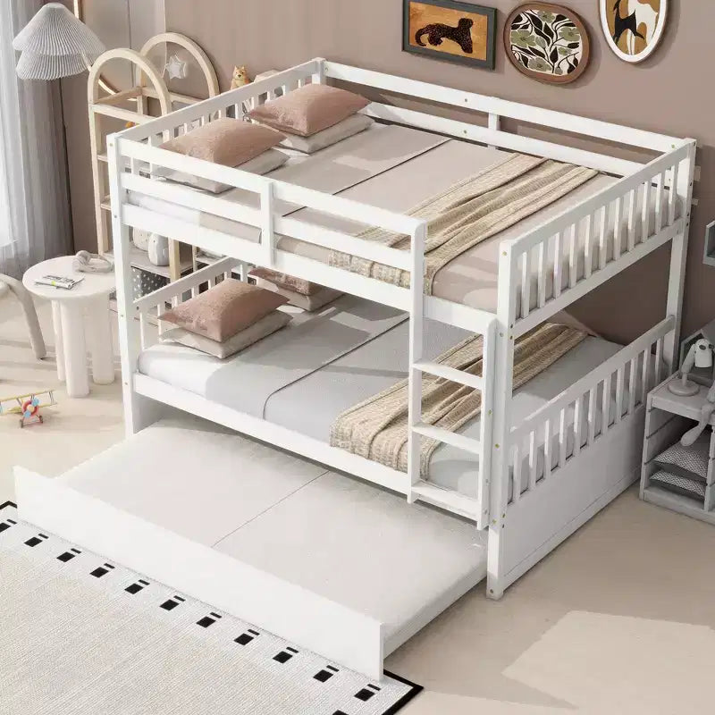 Lit superposé en bois d'hévéa double sur double avec lit gigogne, échelle et balustrades, convertible en 2 lits doubles, avec lit gigogne simple