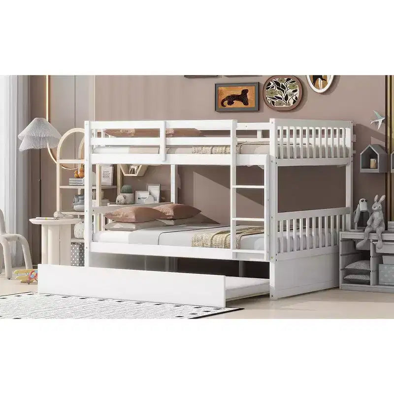 Lit superposé en bois d'hévéa double sur double avec lit gigogne, échelle et balustrades, convertible en 2 lits doubles, avec lit gigogne simple