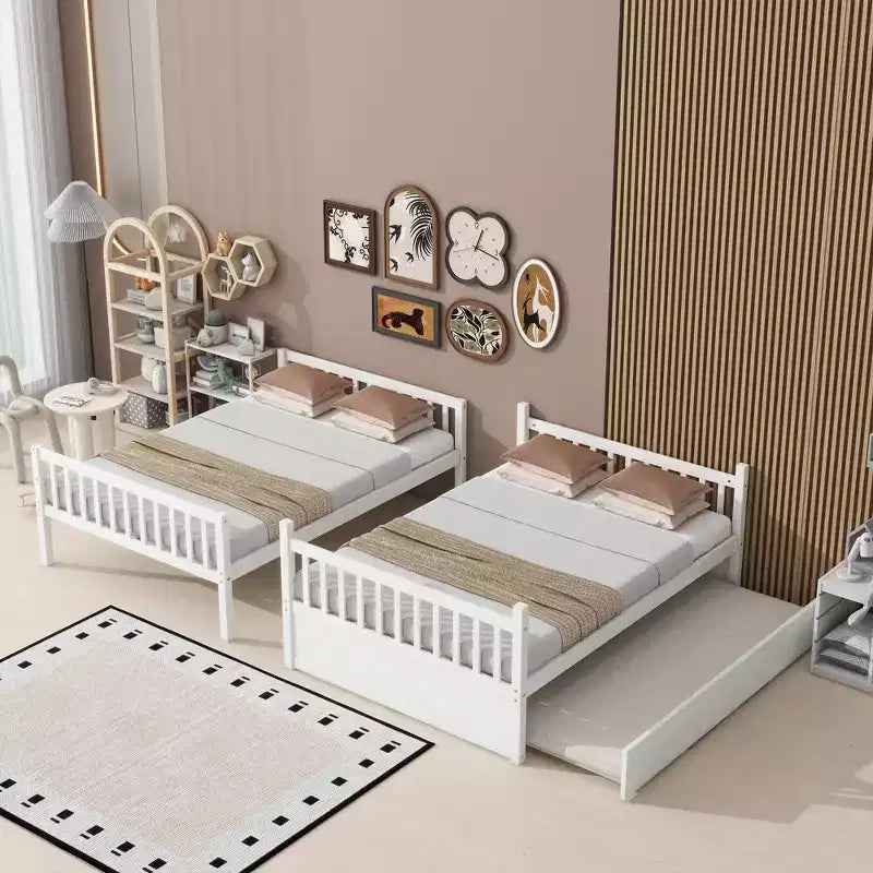 Lit superposé en bois d'hévéa double sur double avec lit gigogne, échelle et balustrades, convertible en 2 lits doubles, avec lit gigogne simple