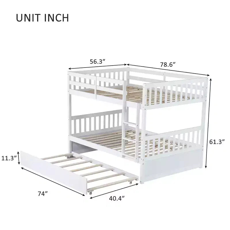Lit superposé en bois d'hévéa double sur double avec lit gigogne, échelle et balustrades, convertible en 2 lits doubles, avec lit gigogne simple