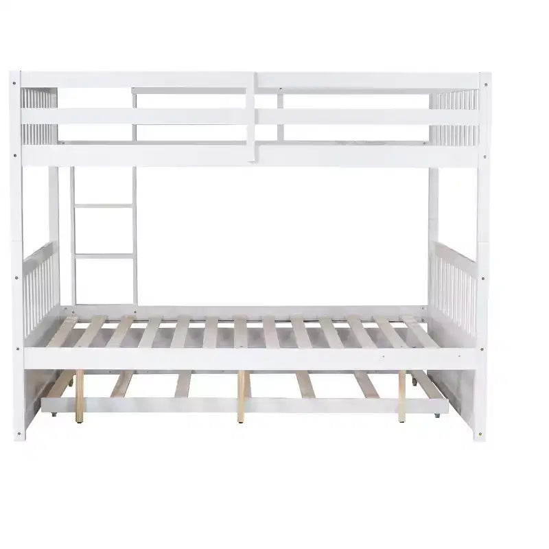 Lit superposé en bois d'hévéa double sur double avec lit gigogne, échelle et balustrades, convertible en 2 lits doubles, avec lit gigogne simple
