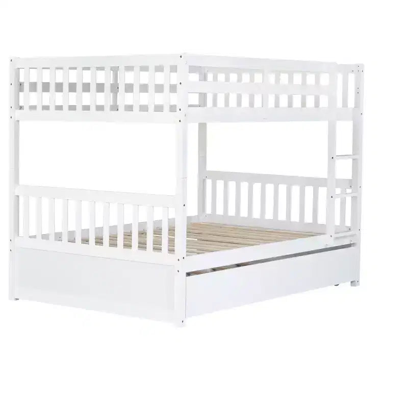 Lit superposé en bois d'hévéa double sur double avec lit gigogne, échelle et balustrades, convertible en 2 lits doubles, avec lit gigogne simple