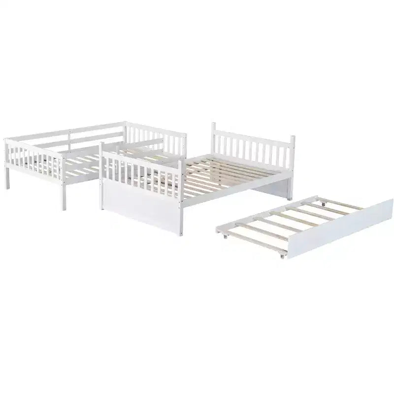 Lit superposé en bois d'hévéa double sur double avec lit gigogne, échelle et balustrades, convertible en 2 lits doubles, avec lit gigogne simple