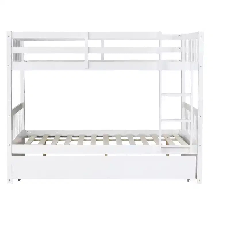 Lit superposé en bois d'hévéa double sur double avec lit gigogne, échelle et balustrades, convertible en 2 lits doubles, avec lit gigogne simple