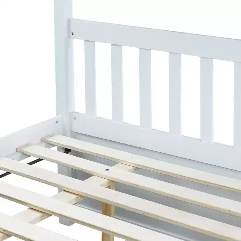 Lit superposé en bois d'hévéa double sur double avec lit gigogne, échelle et balustrades, convertible en 2 lits doubles, avec lit gigogne simple