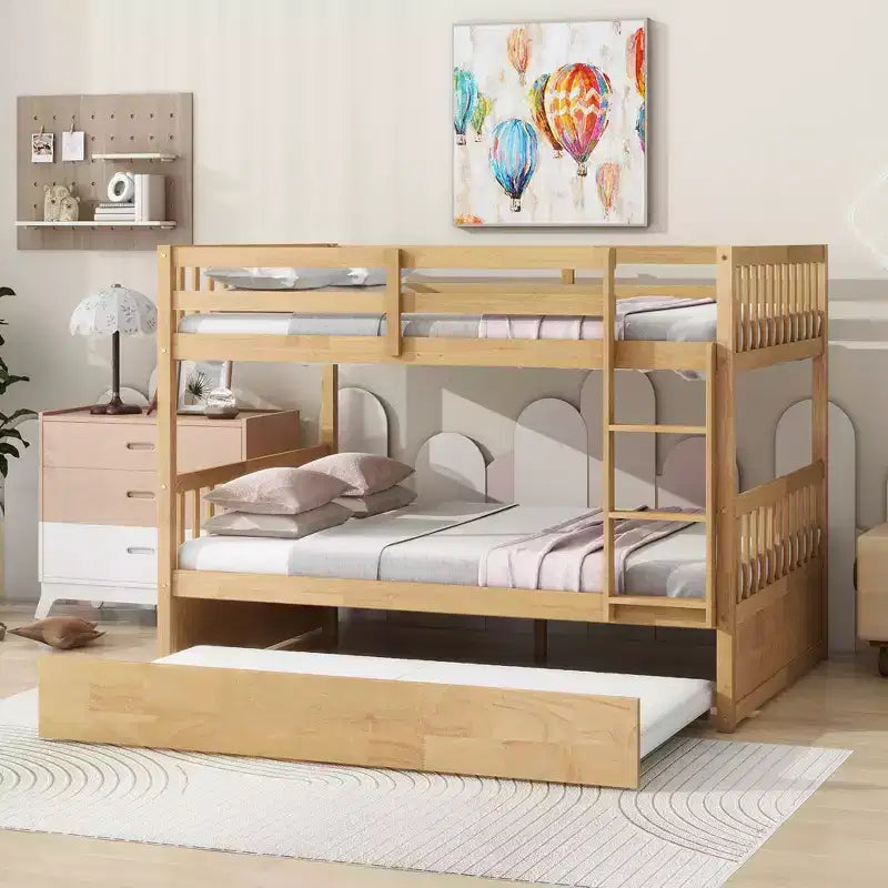 Lit superposé en bois d'hévéa double sur double avec lit gigogne, échelle et balustrades, convertible en 2 lits doubles, avec lit gigogne simple