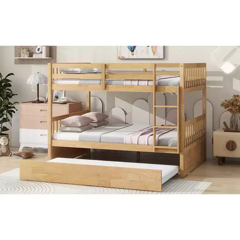 Lit superposé en bois d'hévéa double sur double avec lit gigogne, échelle et balustrades, convertible en 2 lits doubles, avec lit gigogne simple
