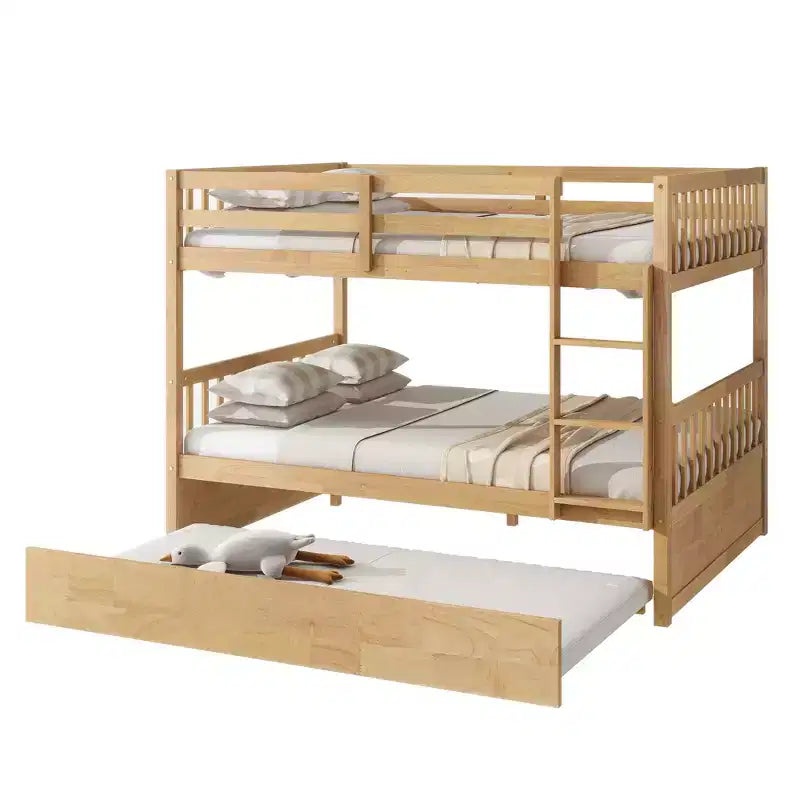 Lit superposé en bois d'hévéa double sur double avec lit gigogne, échelle et balustrades, convertible en 2 lits doubles, avec lit gigogne simple