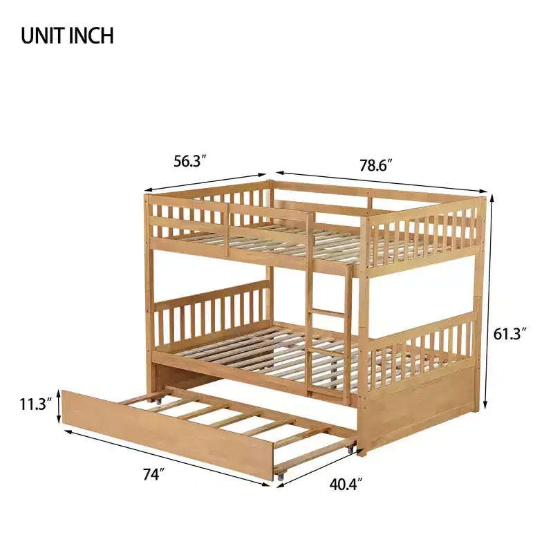Lit superposé en bois d'hévéa double sur double avec lit gigogne, échelle et balustrades, convertible en 2 lits doubles, avec lit gigogne simple