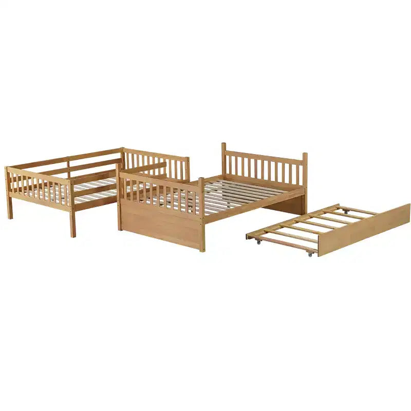Lit superposé en bois d'hévéa double sur double avec lit gigogne, échelle et balustrades, convertible en 2 lits doubles, avec lit gigogne simple