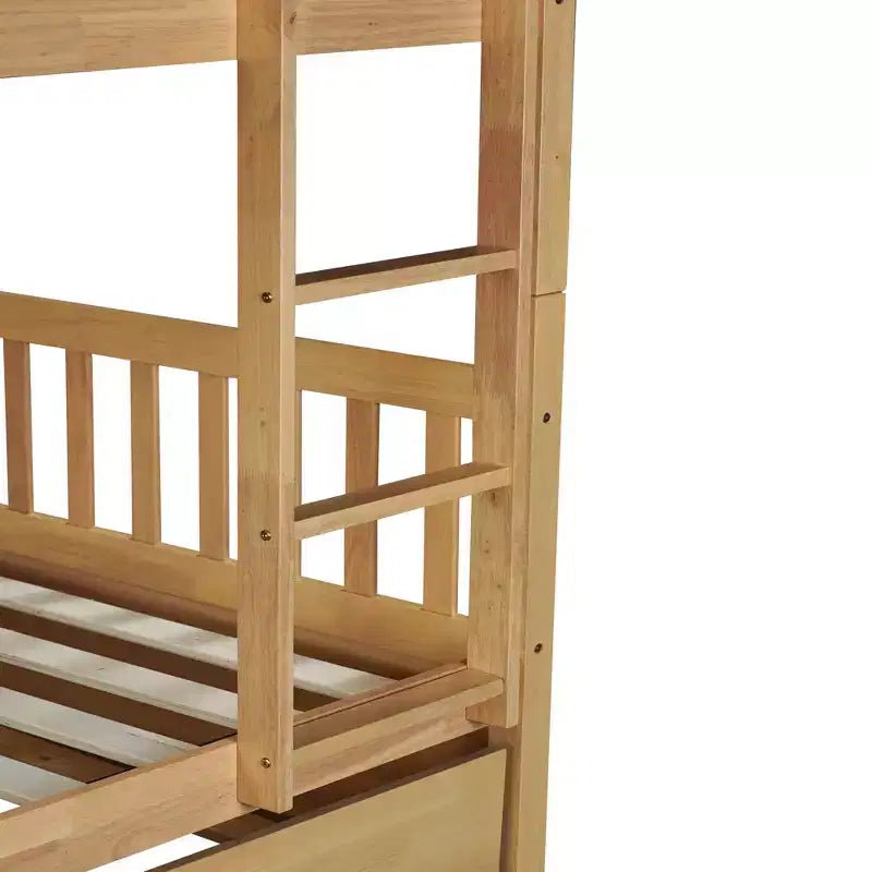 Lit superposé en bois d'hévéa double sur double avec lit gigogne, échelle et balustrades, convertible en 2 lits doubles, avec lit gigogne simple