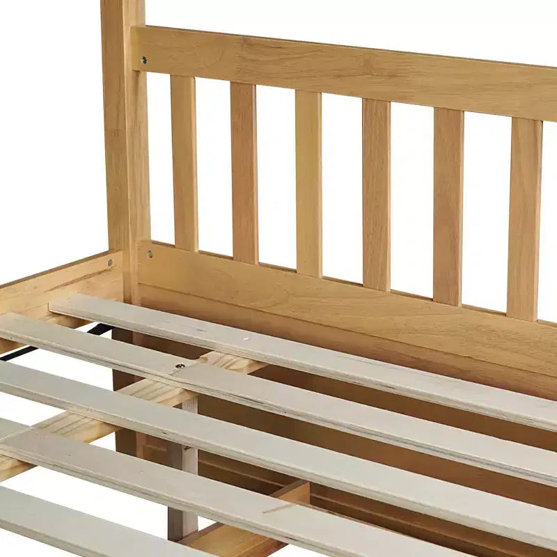 Lit superposé en bois d'hévéa double sur double avec lit gigogne, échelle et balustrades, convertible en 2 lits doubles, avec lit gigogne simple