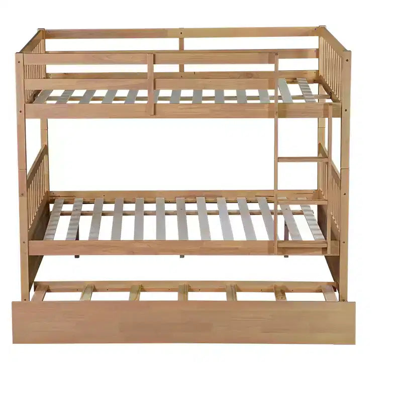 Lit superposé en bois d'hévéa double sur double avec lit gigogne, échelle et balustrades, convertible en 2 lits doubles, avec lit gigogne simple