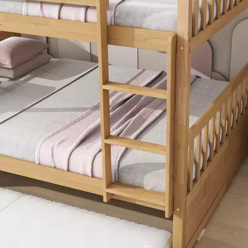 Lit superposé en bois d'hévéa double sur double avec lit gigogne, échelle et balustrades, convertible en 2 lits doubles, avec lit gigogne simple