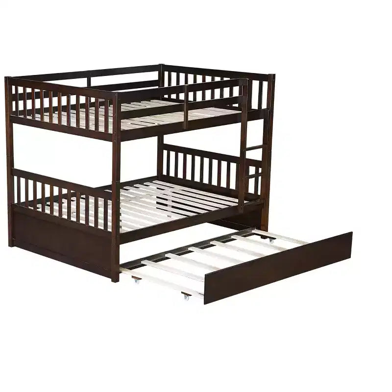 Lit superposé en bois d'hévéa double sur double avec lit gigogne, échelle et balustrades, convertible en 2 lits doubles, avec lit gigogne simple