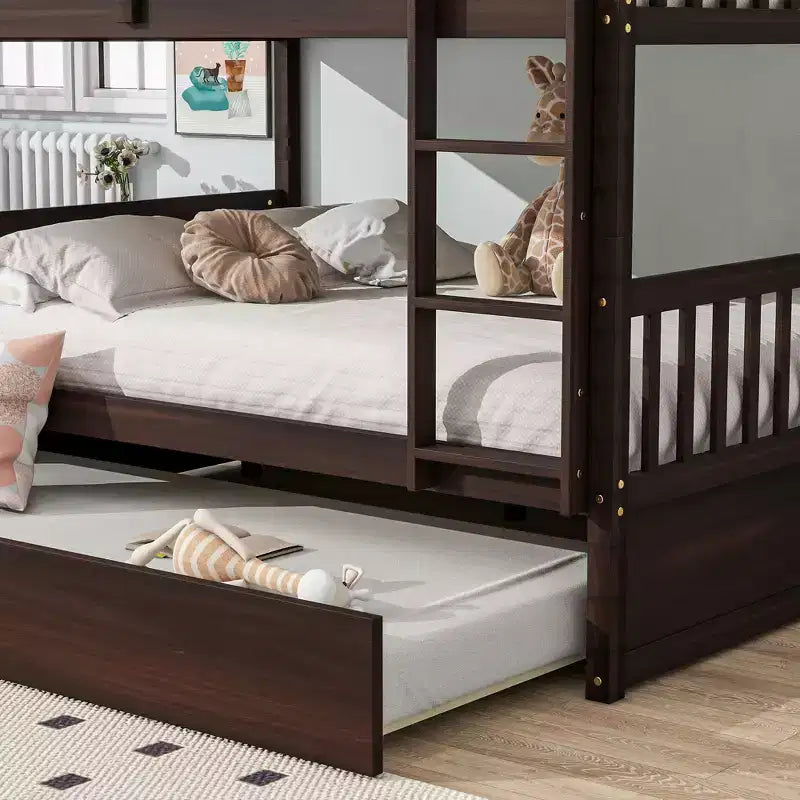 Lit superposé en bois d'hévéa double sur double avec lit gigogne, échelle et balustrades, convertible en 2 lits doubles, avec lit gigogne simple