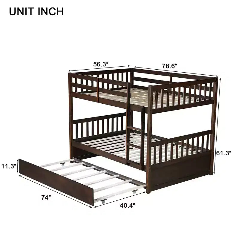 Lit superposé en bois d'hévéa double sur double avec lit gigogne, échelle et balustrades, convertible en 2 lits doubles, avec lit gigogne simple