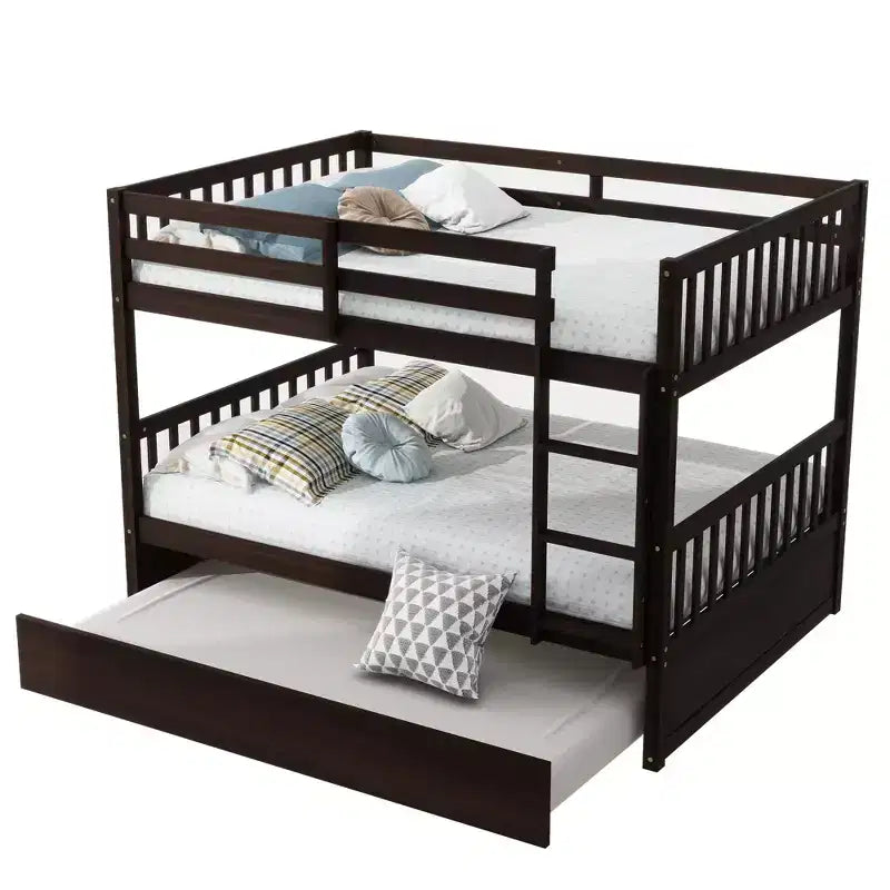 Lit superposé en bois d'hévéa double sur double avec lit gigogne, échelle et balustrades, convertible en 2 lits doubles, avec lit gigogne simple