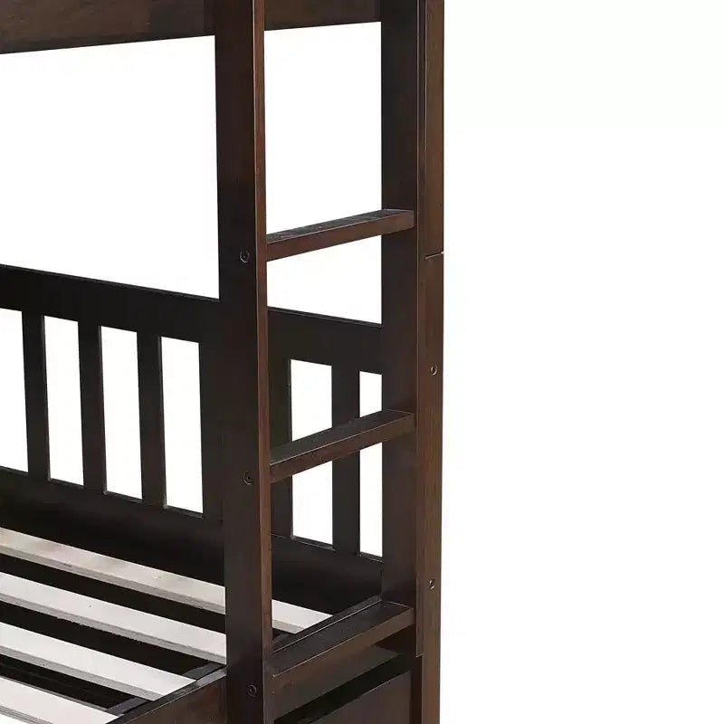 Lit superposé en bois d'hévéa double sur double avec lit gigogne, échelle et balustrades, convertible en 2 lits doubles, avec lit gigogne simple