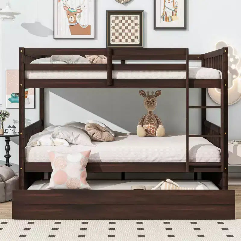 Bellemave Full Over Full Rubber Wood Bunk Bed with Trundle, Ladder and Guardrails, Convertible to 2 Full Size Beds, with Twin Size Trundle