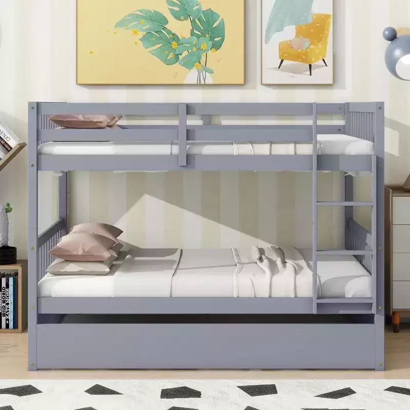 Lit superposé en bois d'hévéa double sur double avec lit gigogne, échelle et balustrades, convertible en 2 lits doubles, avec lit gigogne simple