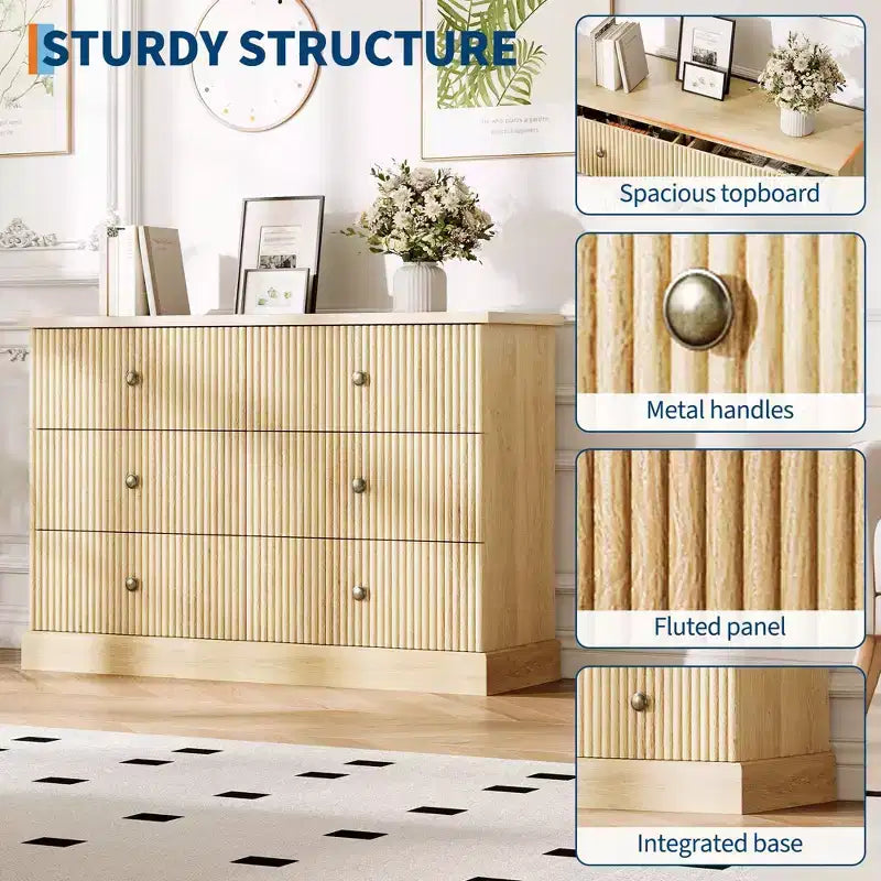 Commode à 6 tiroirs cannelée, commode horizontale moderne en bois de 119 cm avec poignées métalliques, rangement élégant pour chambre d'amis ou appartement