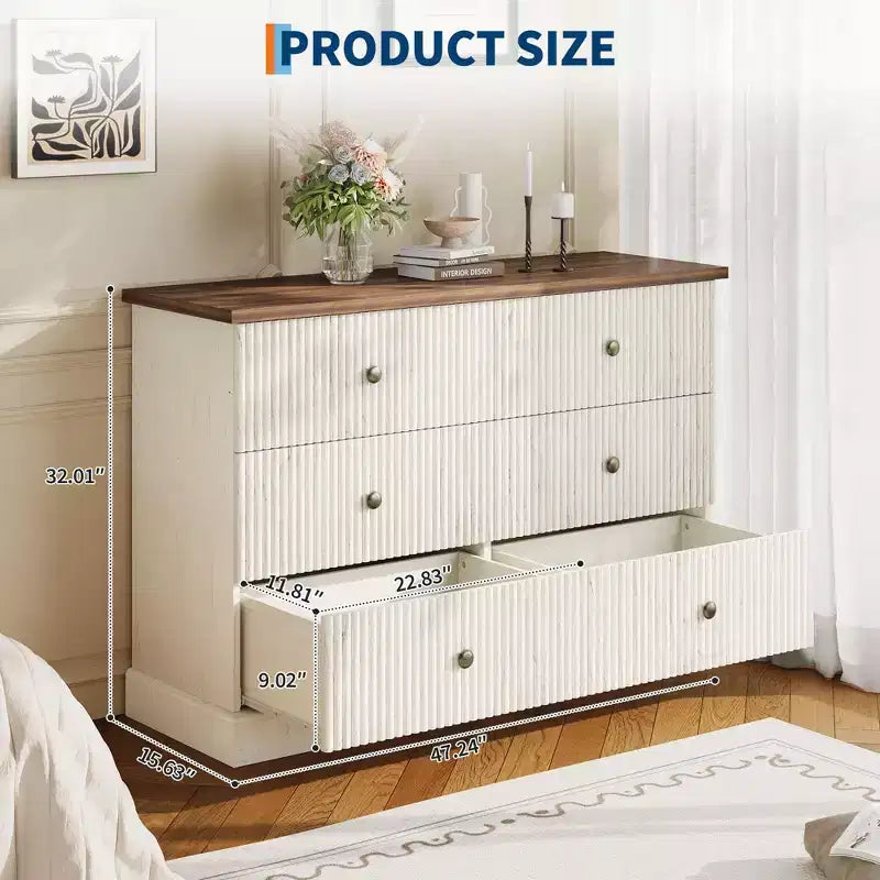 Commode à 6 tiroirs cannelée, commode horizontale moderne en bois de 119 cm avec poignées métalliques, rangement élégant pour chambre d'amis ou appartement