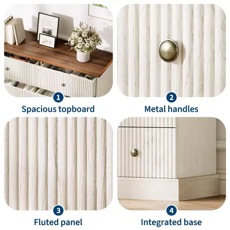 Commode à 6 tiroirs cannelée, commode horizontale moderne en bois de 119 cm avec poignées métalliques, rangement élégant pour chambre d'amis ou appartement