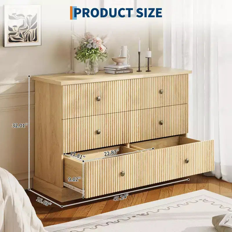 Commode à 6 tiroirs cannelée, commode horizontale moderne en bois de 119 cm avec poignées métalliques, rangement élégant pour chambre d'amis ou appartement
