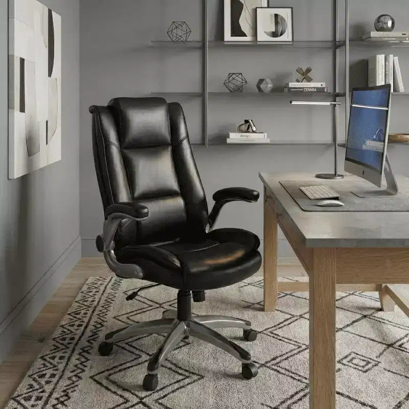 Chaise de bureau exécutive à dossier haut, chaise de travail en cuir avec inclinaison réglable, accoudoirs relevables, chaise ergonomique, noire