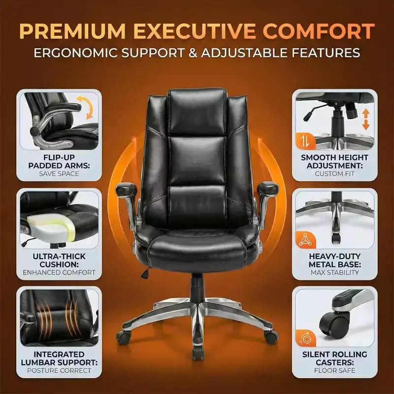 Chaise de bureau exécutive à dossier haut, chaise de travail en cuir avec inclinaison réglable, accoudoirs relevables, chaise ergonomique, noire