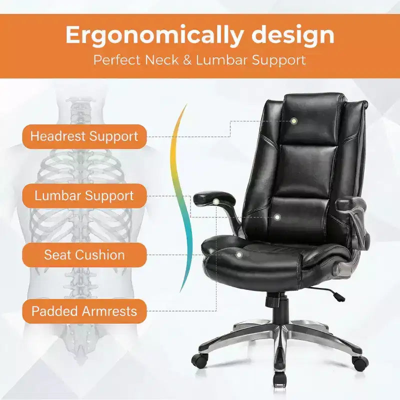 Chaise de bureau exécutive à dossier haut, chaise de travail en cuir avec inclinaison réglable, accoudoirs relevables, chaise ergonomique, noire