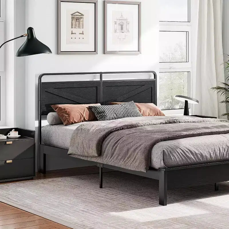 ACOINEL Wooden Panel Queen Headboard, Adjustable Height Head Board with Metal Frame &amp; Bed Frame Adapter, Minimalist Black Headboard