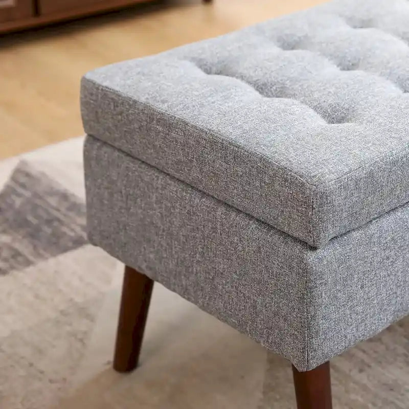 Linen Tufted Storage Bench with Safety Hinge and Wood Legs
