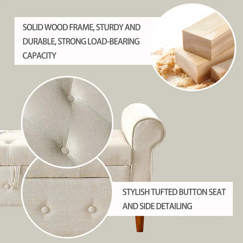 Modern Fabric Upholstered Storage Bench with Tufted Button and Rolled Arm