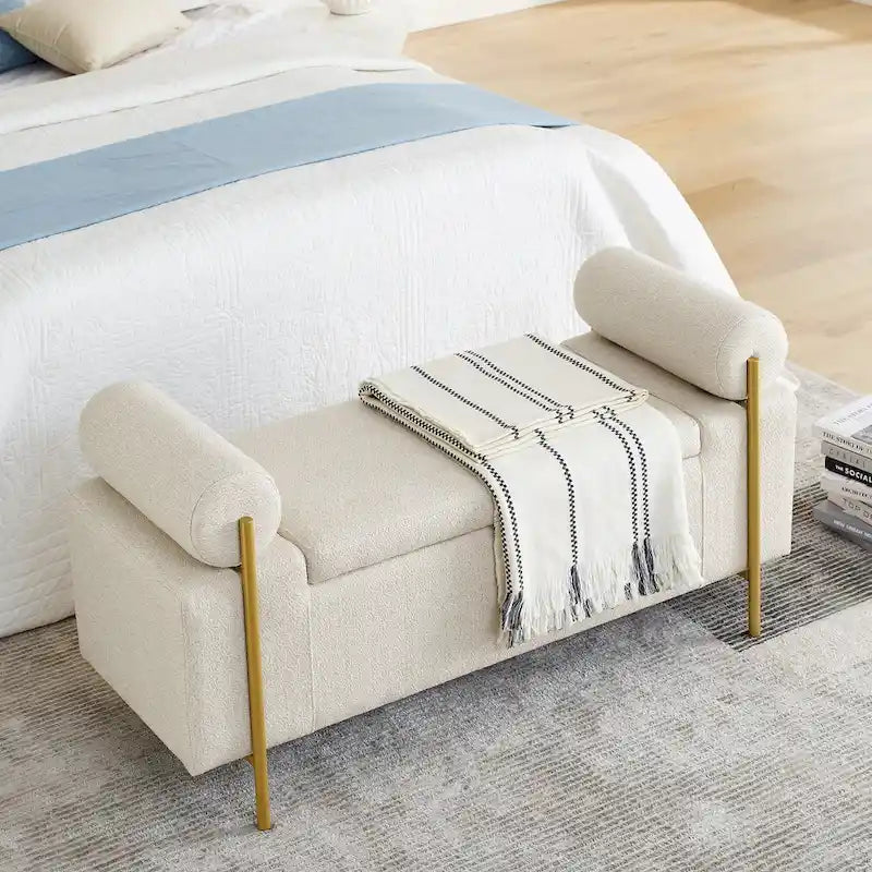 Upholstered Linen Storage Bench with Cylindrical Arms and Gold Metal Legs