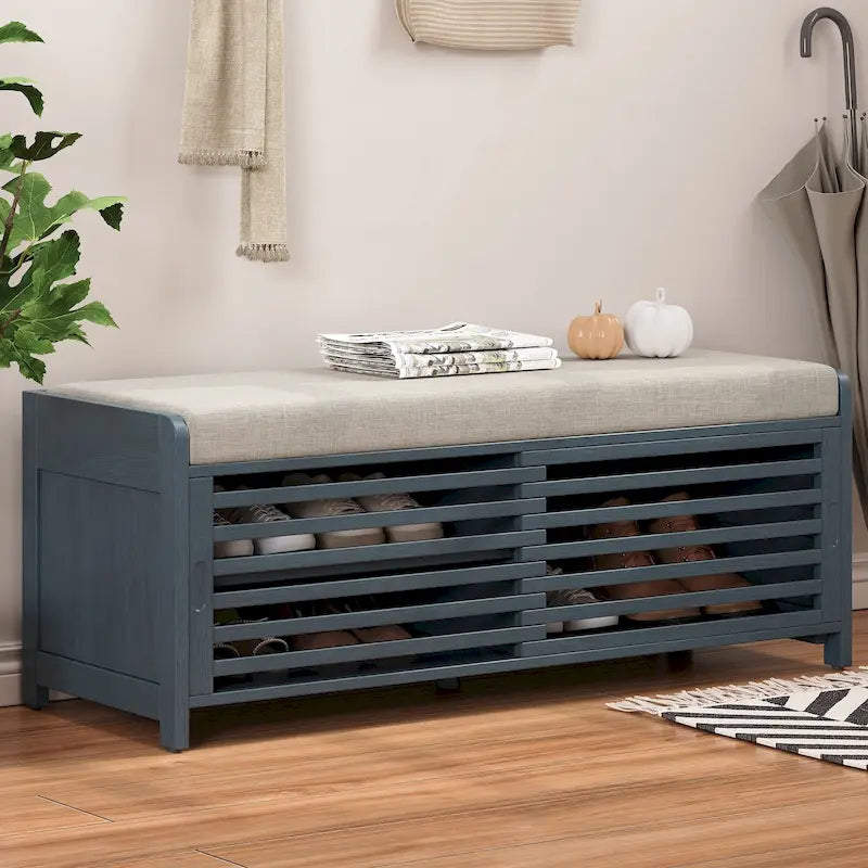 Distressed Shutter Storage Bench with Acacia Veneer for Retro Charm for Living Room, Entryway (Navy)