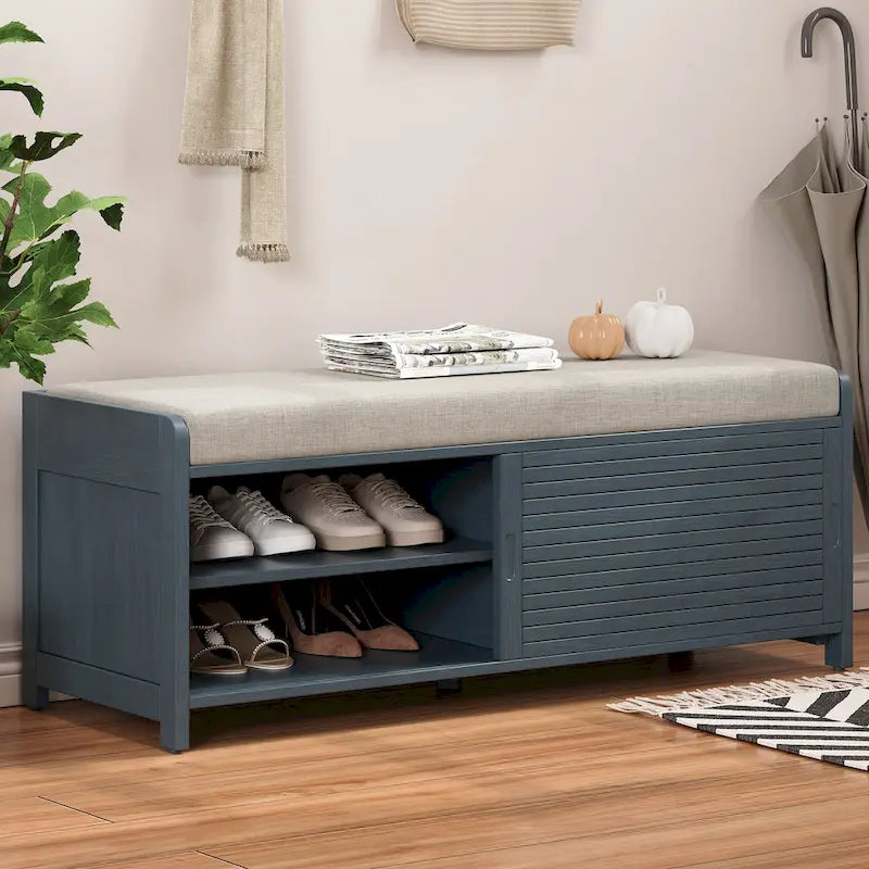 Distressed Shutter Storage Bench with Acacia Veneer for Retro Charm for Living Room, Entryway (Navy)