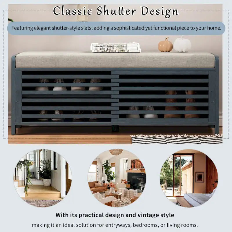 Distressed Shutter Storage Bench with Acacia Veneer for Retro Charm for Living Room, Entryway (Navy)