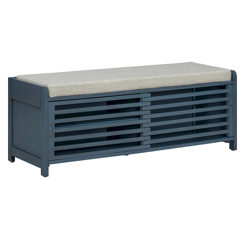 Distressed Shutter Storage Bench with Acacia Veneer for Retro Charm for Living Room, Entryway (Navy)