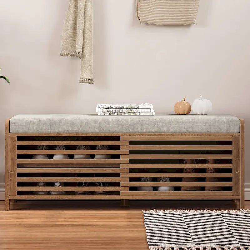 Distressed Shutter Storage Bench with Acacia Veneer for Retro Charm for Living Room, Entryway (Navy)