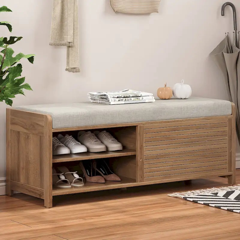 Distressed Shutter Storage Bench with Acacia Veneer for Retro Charm for Living Room, Entryway (Navy)