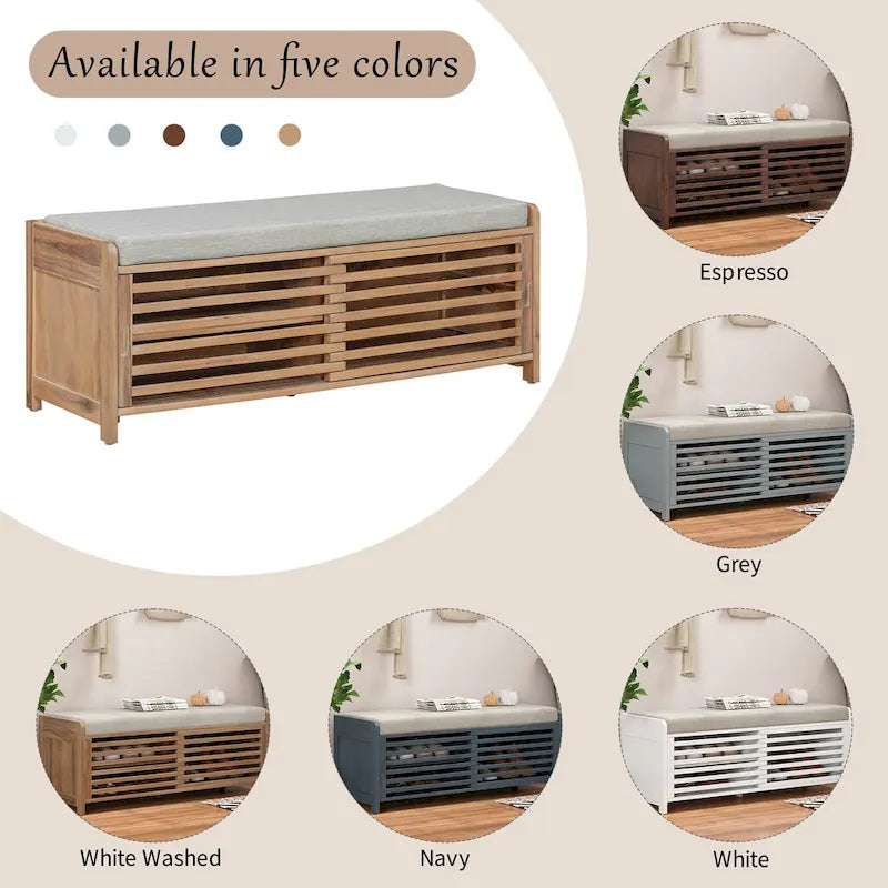 Distressed Shutter Storage Bench with Acacia Veneer for Retro Charm for Living Room, Entryway (Navy)