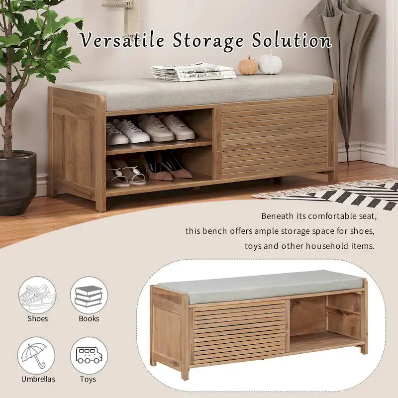 Distressed Shutter Storage Bench with Acacia Veneer for Retro Charm for Living Room, Entryway (Navy)